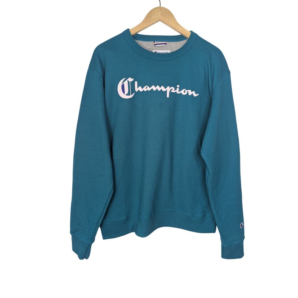 Champion Teal Pullover Crew Neck Sweatshirt Y2K Streetwear Style Athleisure
